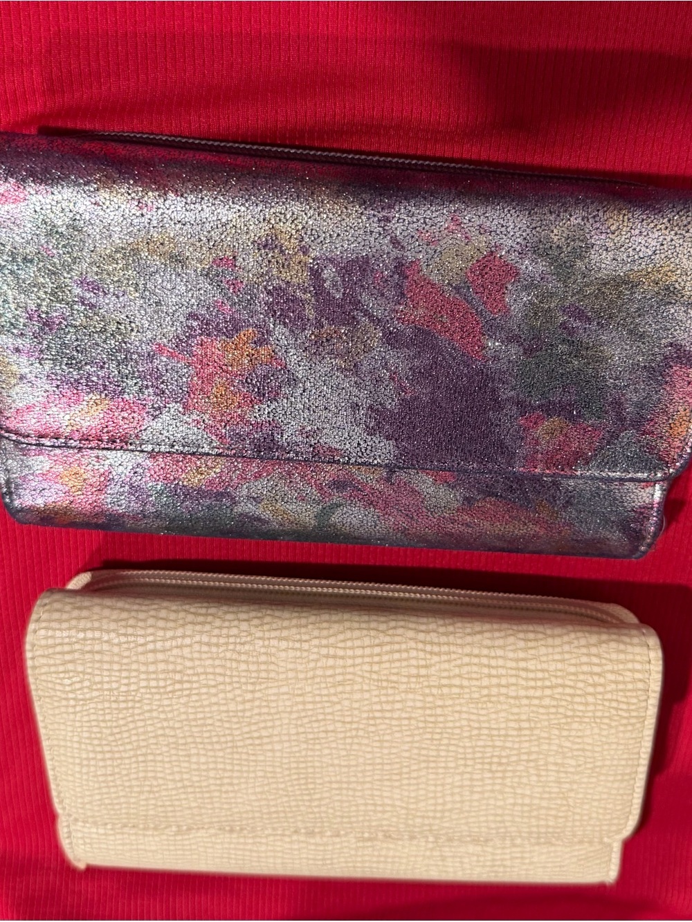 mundi Iridescent Purple Multi Floral Metallic Clutch and Cream Wallet Set
